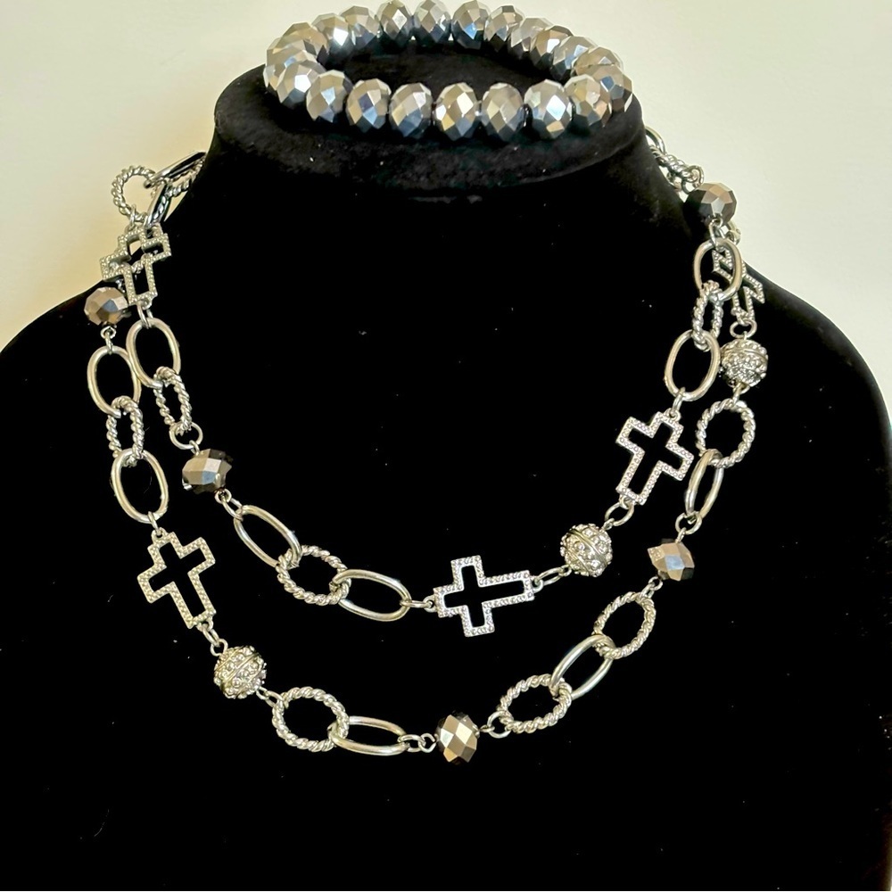 Premier Designs Silver Necklace with Black and Gray Cross Accents